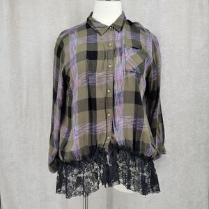 Upcycled Green Flannel Black Lace Button Down Shirt Women's Plus Size 26/28W